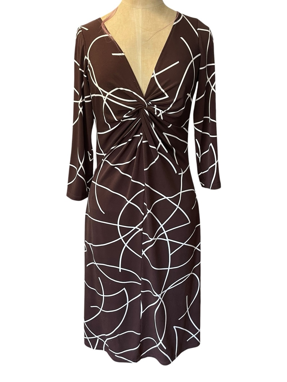 London Times Brown White Dress Abstract 8 Geometric Twist Front V-Neck Midi